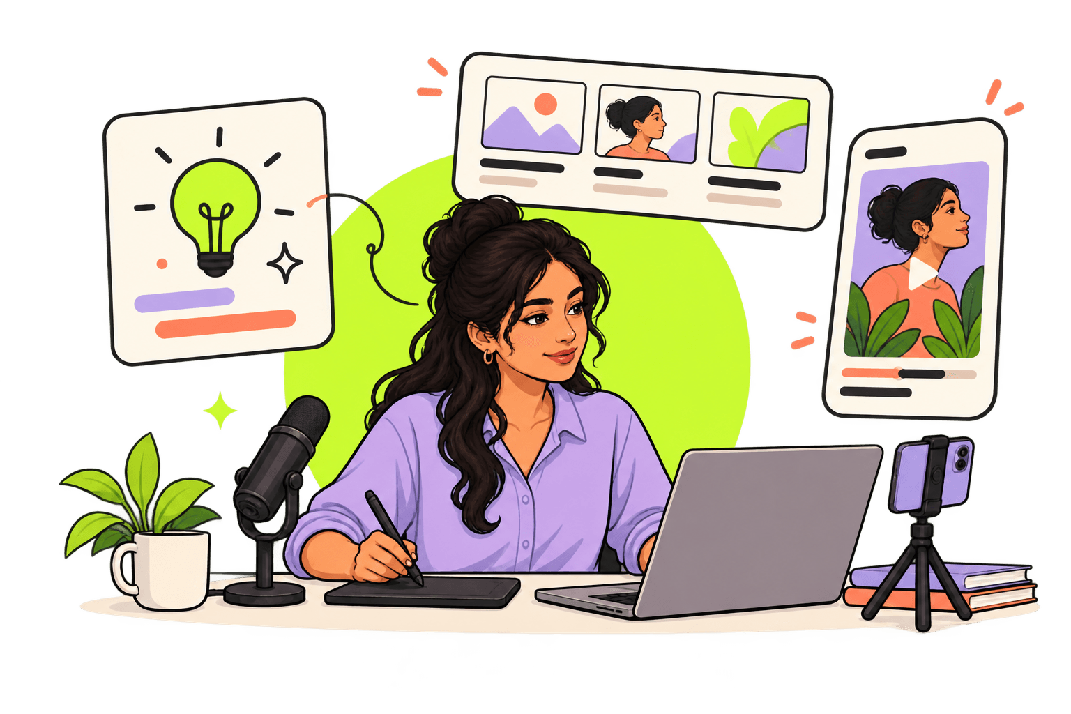 Illustration of a creator at a laptop and drawing tablet, with a microphone, phone, idea card and storyboard panels.
