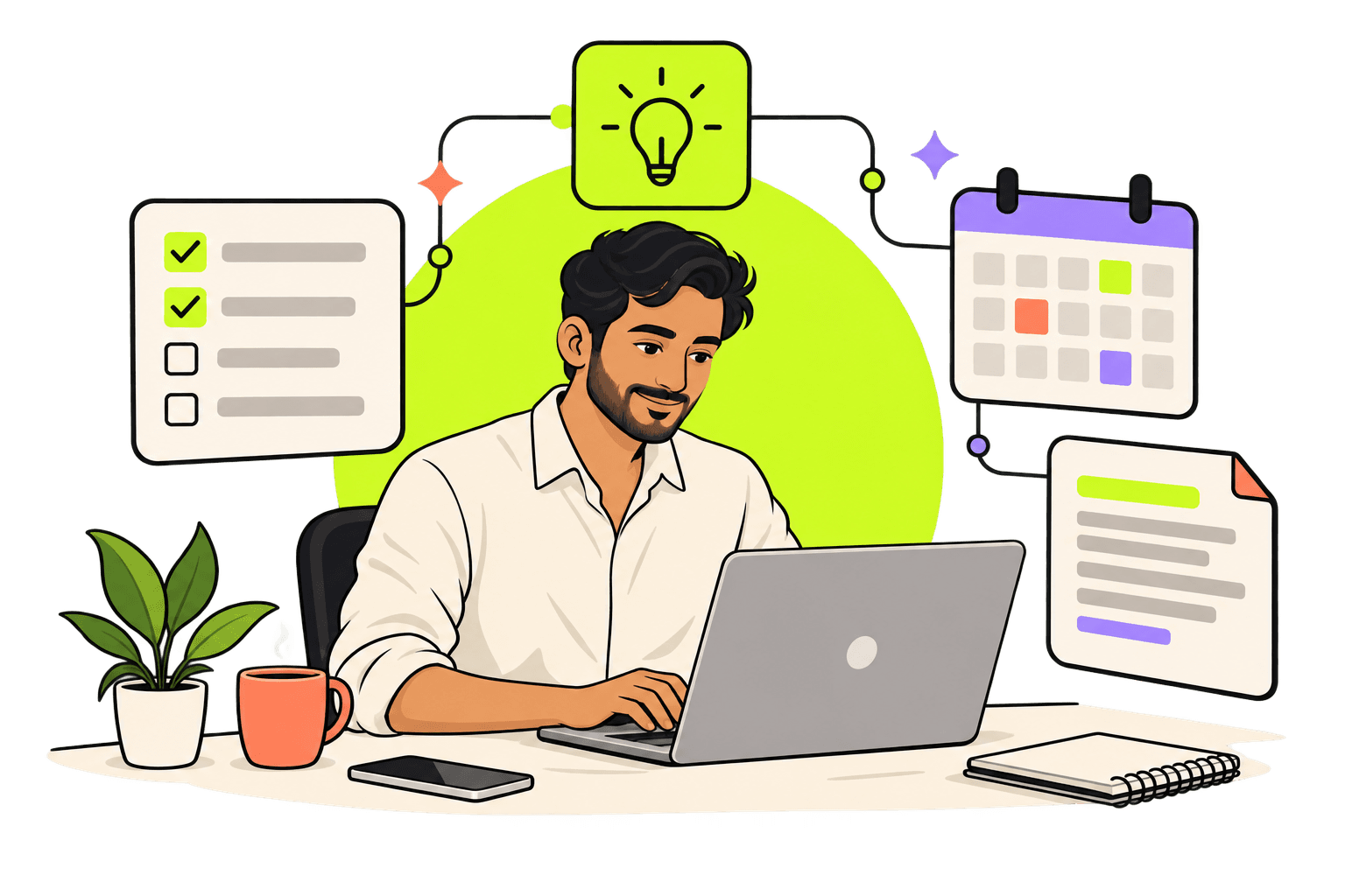 Illustration of a person at a laptop, with a task checklist, calendar and document draft beside them.