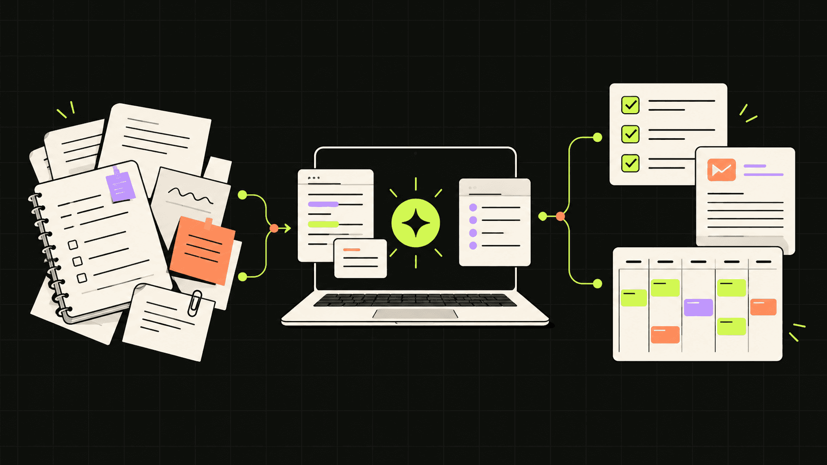Illustration of scattered notes moving through a laptop into organized drafts, plans and checklists.