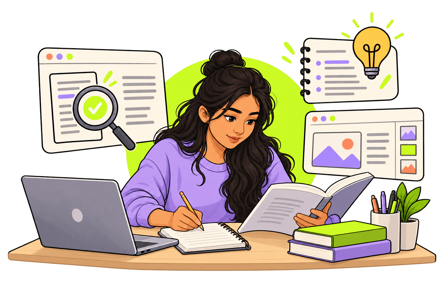 Illustration of a student writing in a notebook beside a laptop and books, with research and presentation panels.