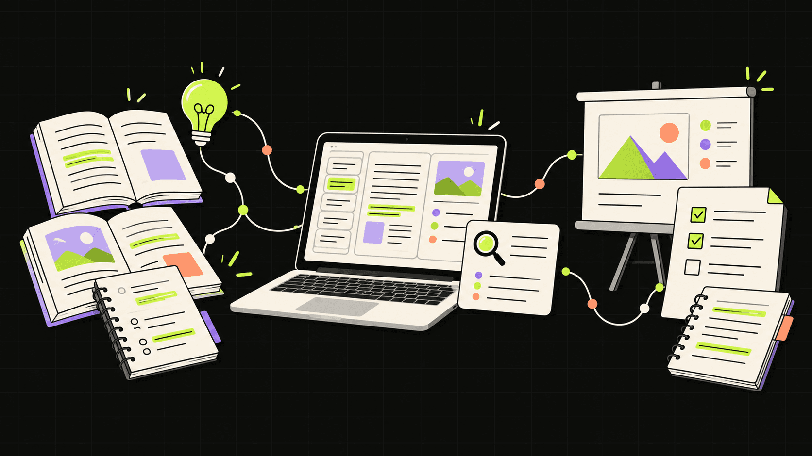 Illustration of books and notes connected to a laptop, a source check, a presentation and a project checklist.
