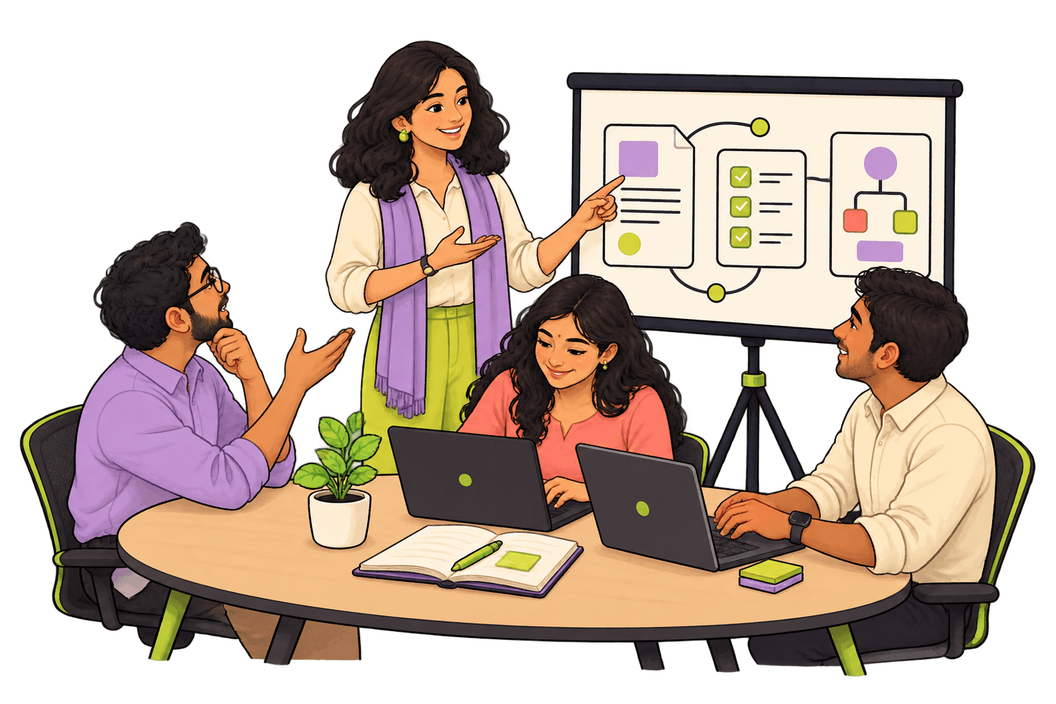 Illustration of a facilitator and three colleagues at a workshop table, with laptops and a small presentation screen.