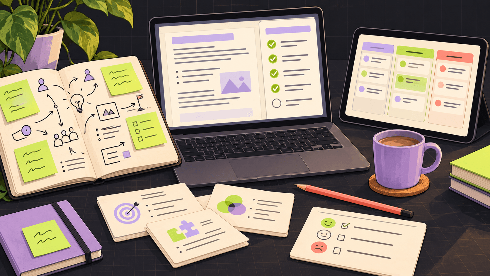 Illustration of a workshop desk with a planning notebook, a draft on a laptop, a task board on a tablet and exercise cards.