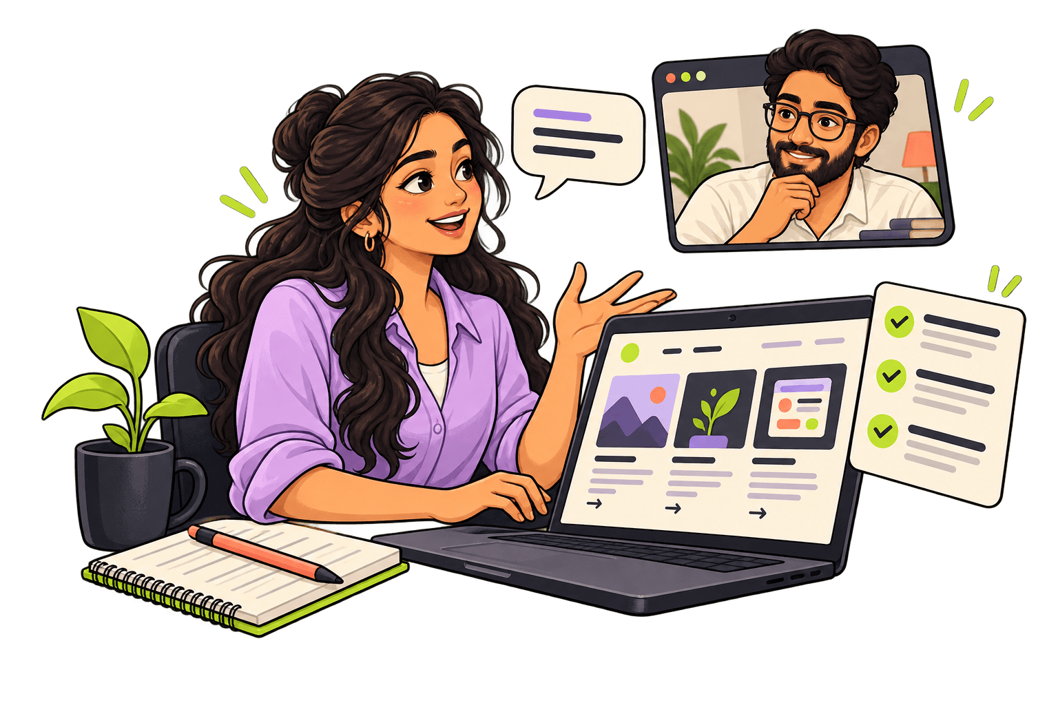 Illustration of a person reviewing a portfolio on a laptop, with a mentor on a video call and a feedback sheet.