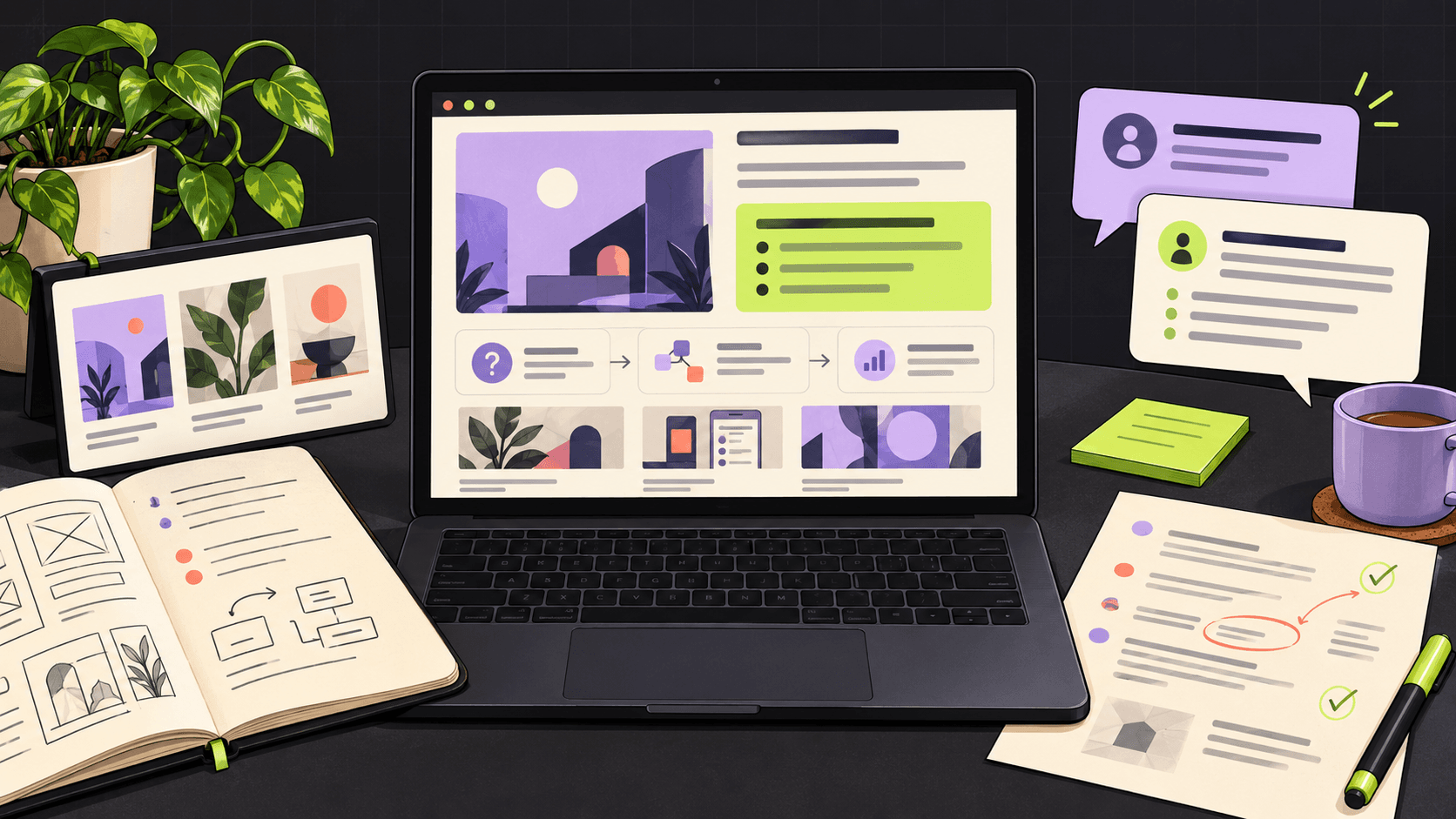 Illustration of a laptop showing a project case study, with a sketch notebook, portfolio thumbnails and an interview feedback sheet.