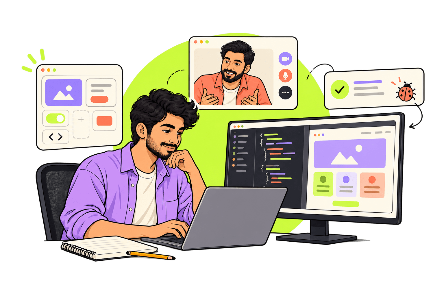 Illustration of a developer at a laptop, with a code preview, a mentor on a video call and a review panel.