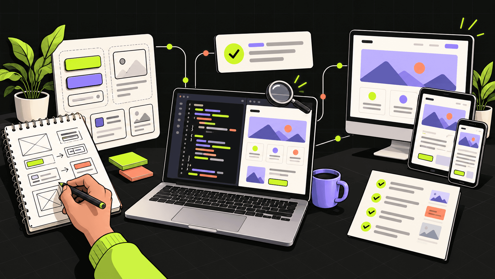 Illustration of a component sketch, a code review on a laptop, and responsive previews on a monitor, tablet and phone.