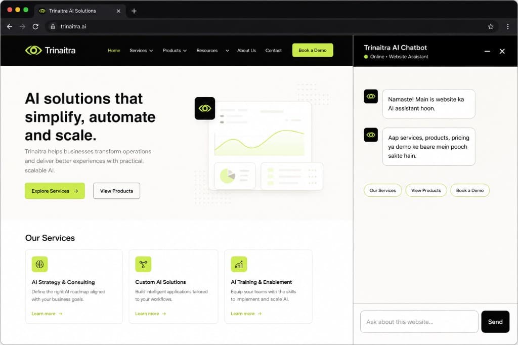 Trinaitra AI Chatbot welcome conversation on a website