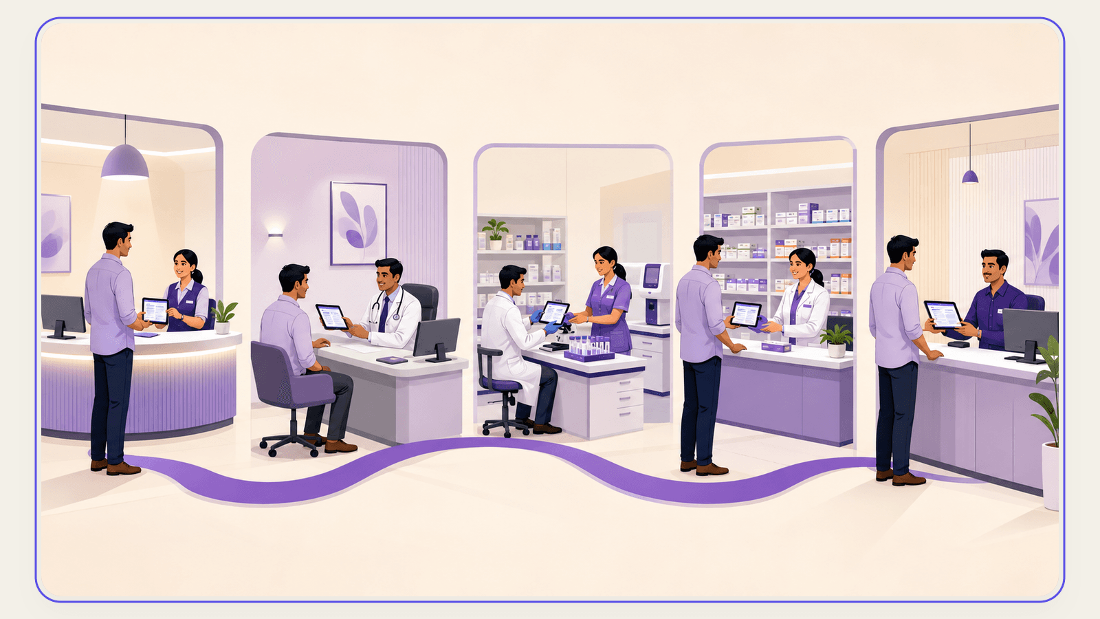 Illustrated Doctor's Plus patient journey moving through connected clinic departments.