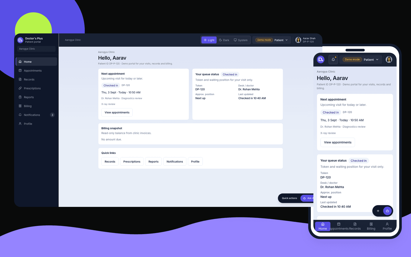 Doctor's Plus patient portal shown across desktop and mobile devices.