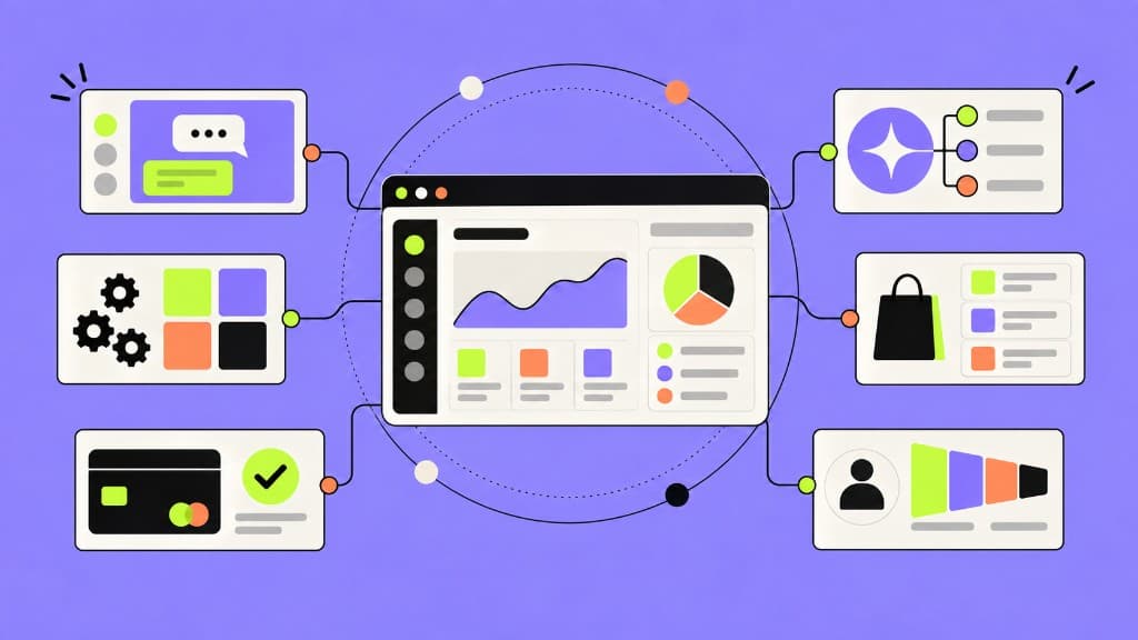 Illustration of connected business platforms including chat, ecommerce, CRM and payment integrations.