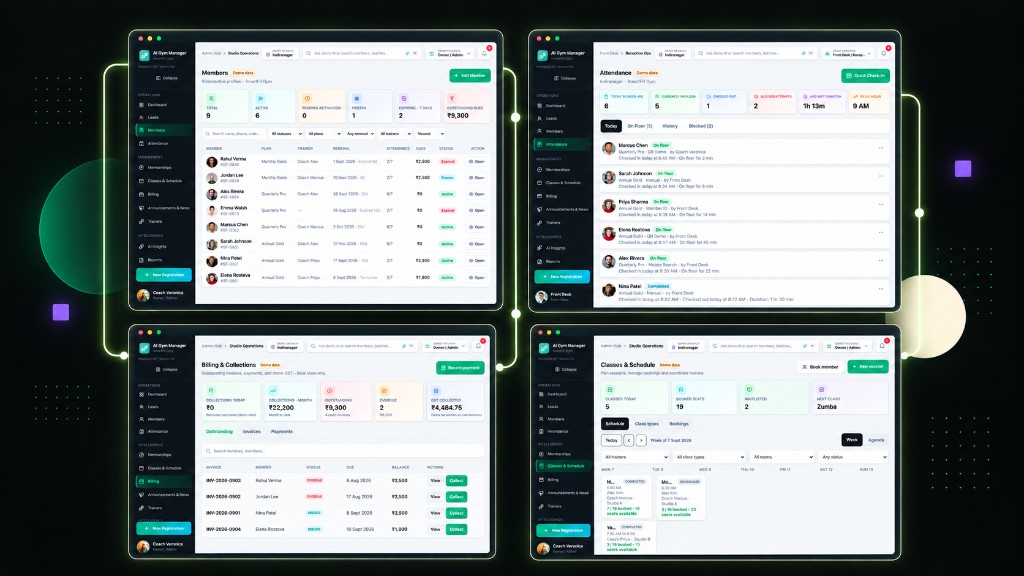 Gym Manager connected workspace showing members, attendance, billing and class schedule screens linked together.