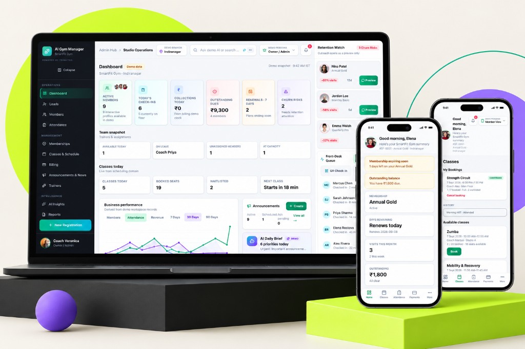Gym Manager admin dashboard with member mobile apps showing check-ins, collections and operational priorities.