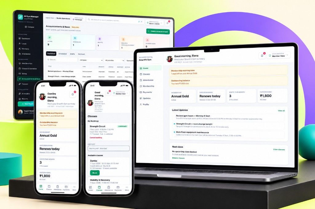 Gym Manager member portal shown across desktop, tablet and mobile devices.