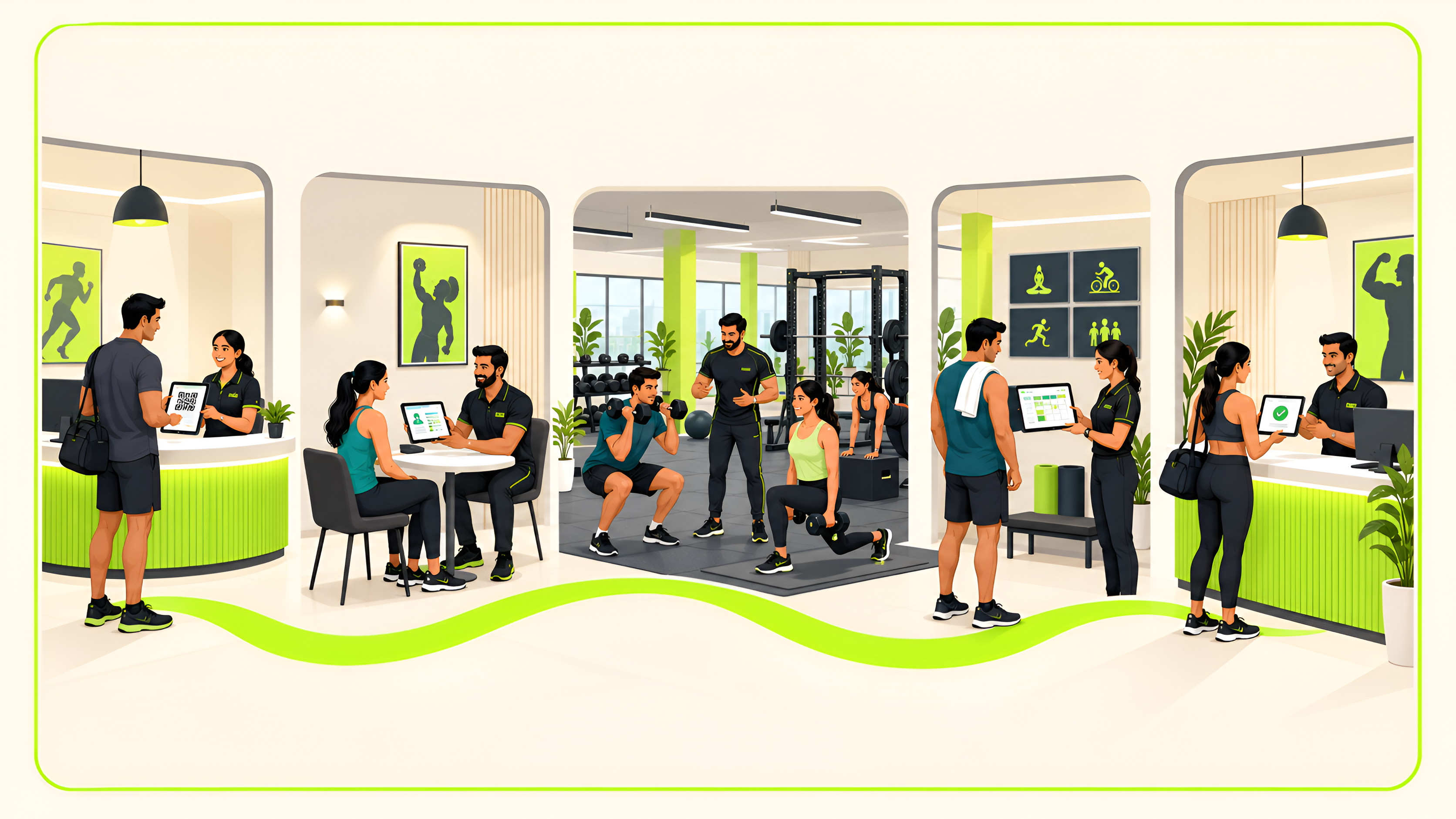 Illustrated gym member journey from check-in and consultation through training, class scheduling and payment.