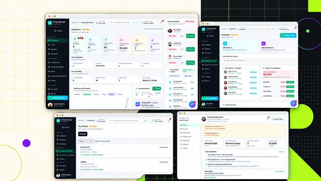 Gym Manager role-based workspaces showing Admin Hub, Front Desk, Coach Hub and Member Portal dashboards.