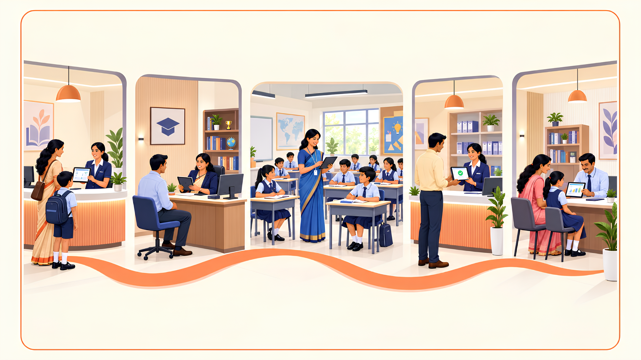 Illustrated SchoolMate journey connecting admissions, classroom attendance, administration, fee collection and parent communication.